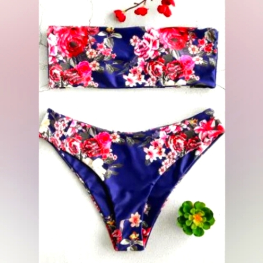 Navy Floral Bandeau Bikini